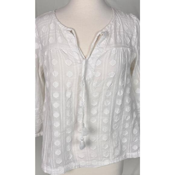 LOFT Small White Blouse 3/4 Sleeve Tie Neck Tassels Hobnail Pattern 100% Cotton - Picture 2 of 7